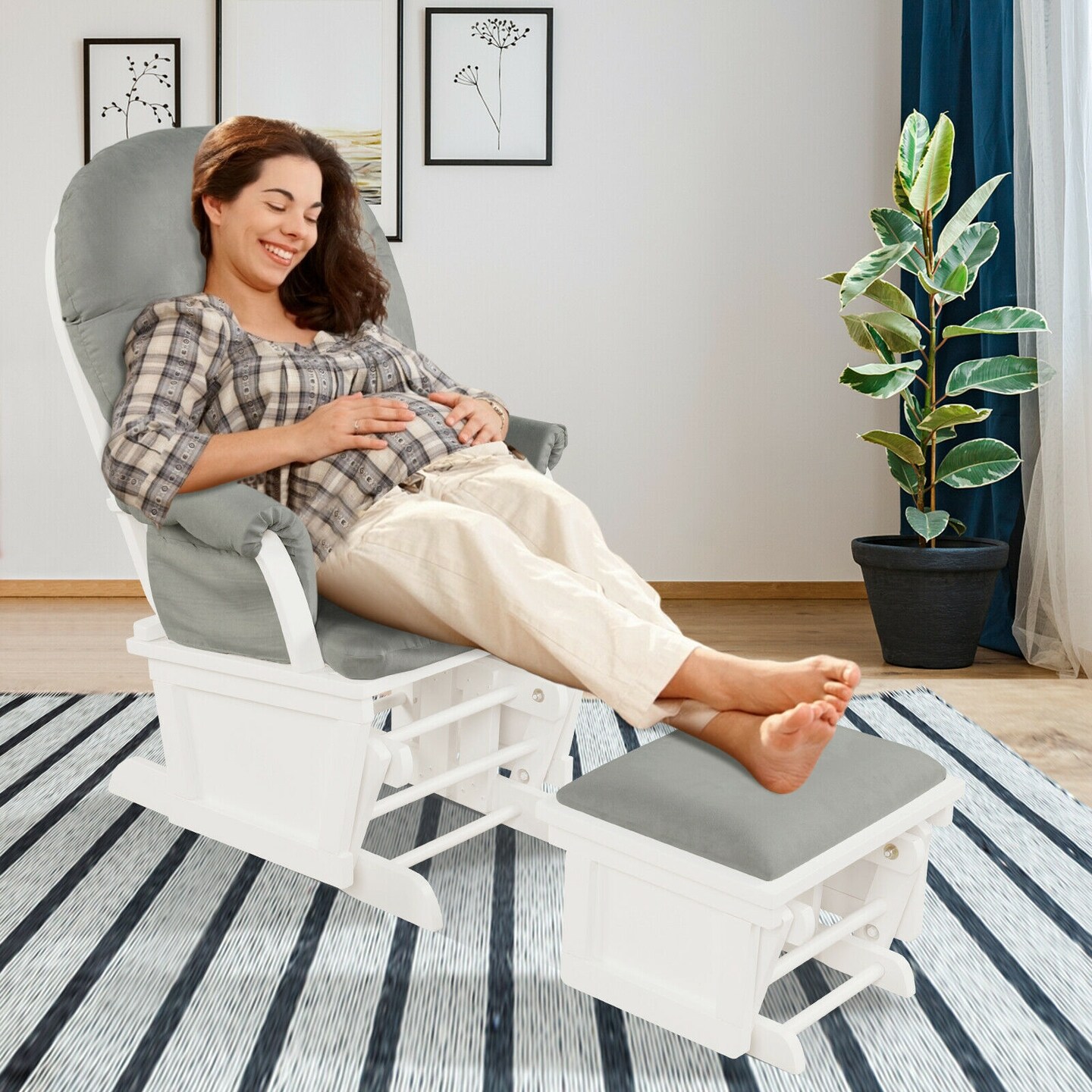 Wooden Glider and Ottoman Cushion Set with Padded Armrests for Nursing