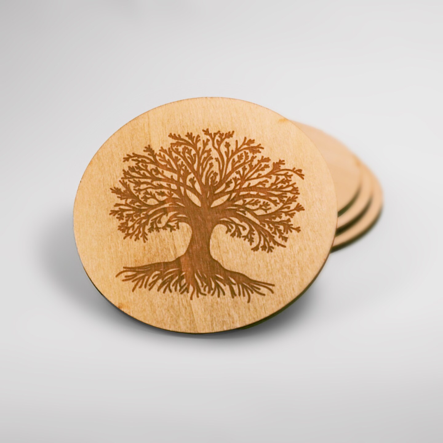 Wooden Coasters with Tree Design, Engraved Tree Coasters, Nature-Inspired Coaster  Set, Tree Themed Table Decor