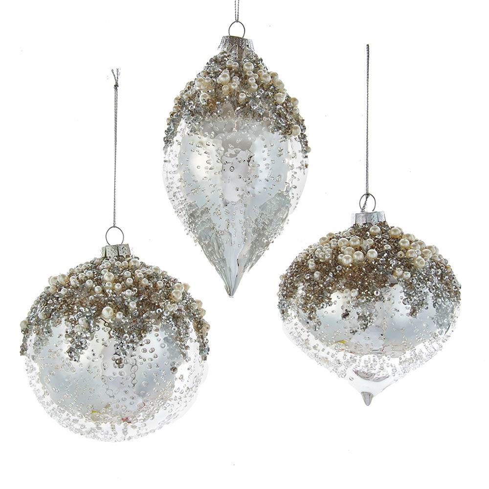 4" Glass Icy Silver Ball, Onion and Drop Ornaments, 3 Assorted