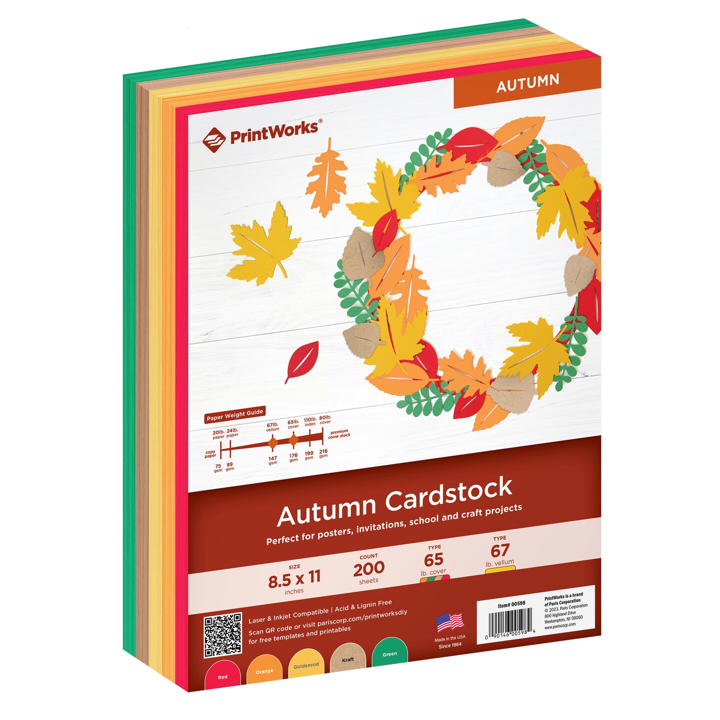 Printworks Autumn Cardstock, Includes Red, Orange, Yellow, Kraft and