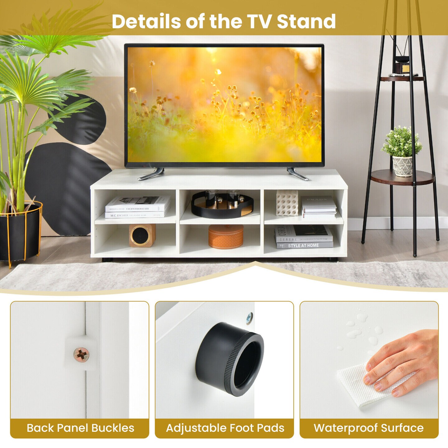 Wood TV Stand for TVs up to 55 Inches with 6 Storage Cubbies-White