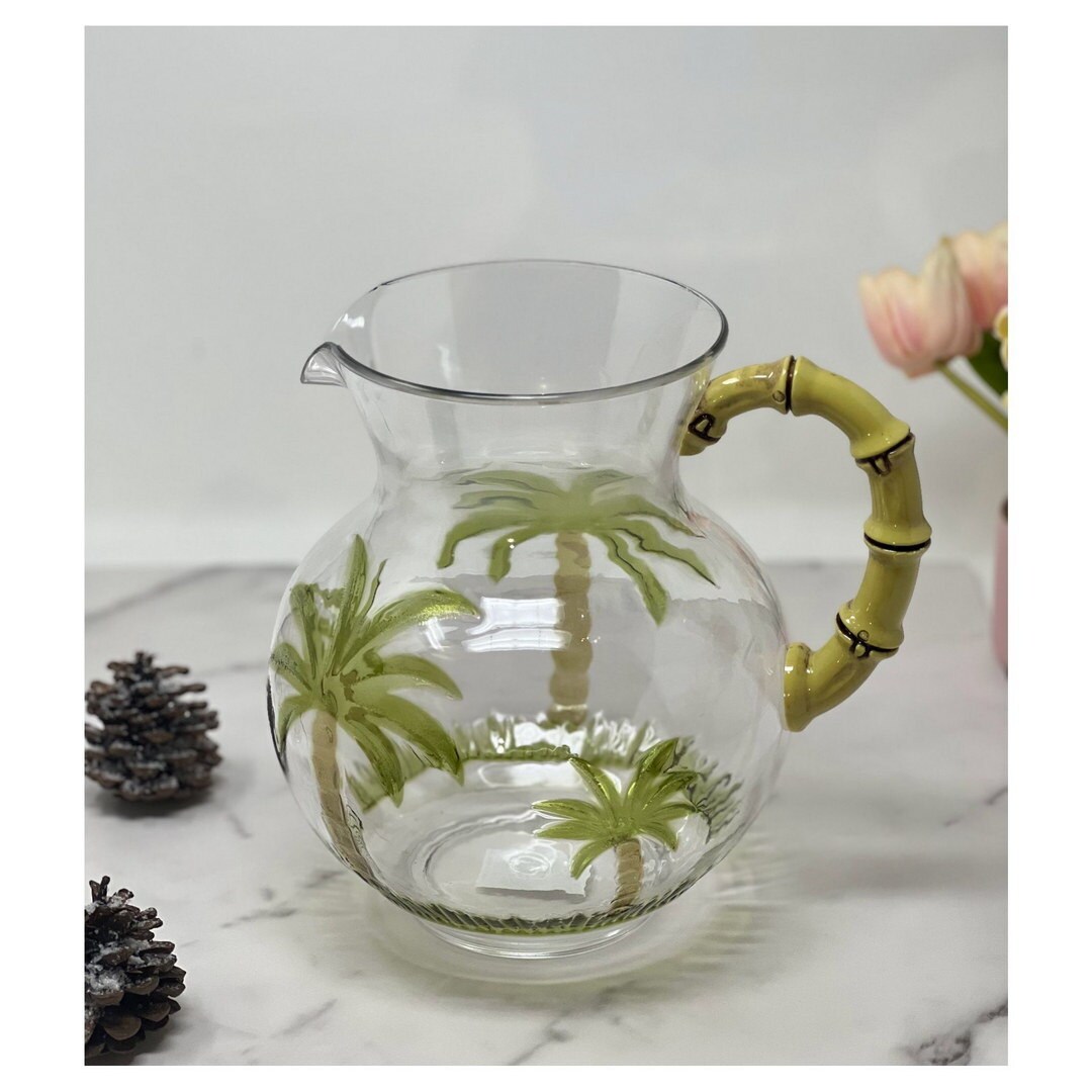 3 Quarts Designer Classic Palm Tree Acrylic Pitcher with Bamboo Handle - Crystal Clear and Break Resistant