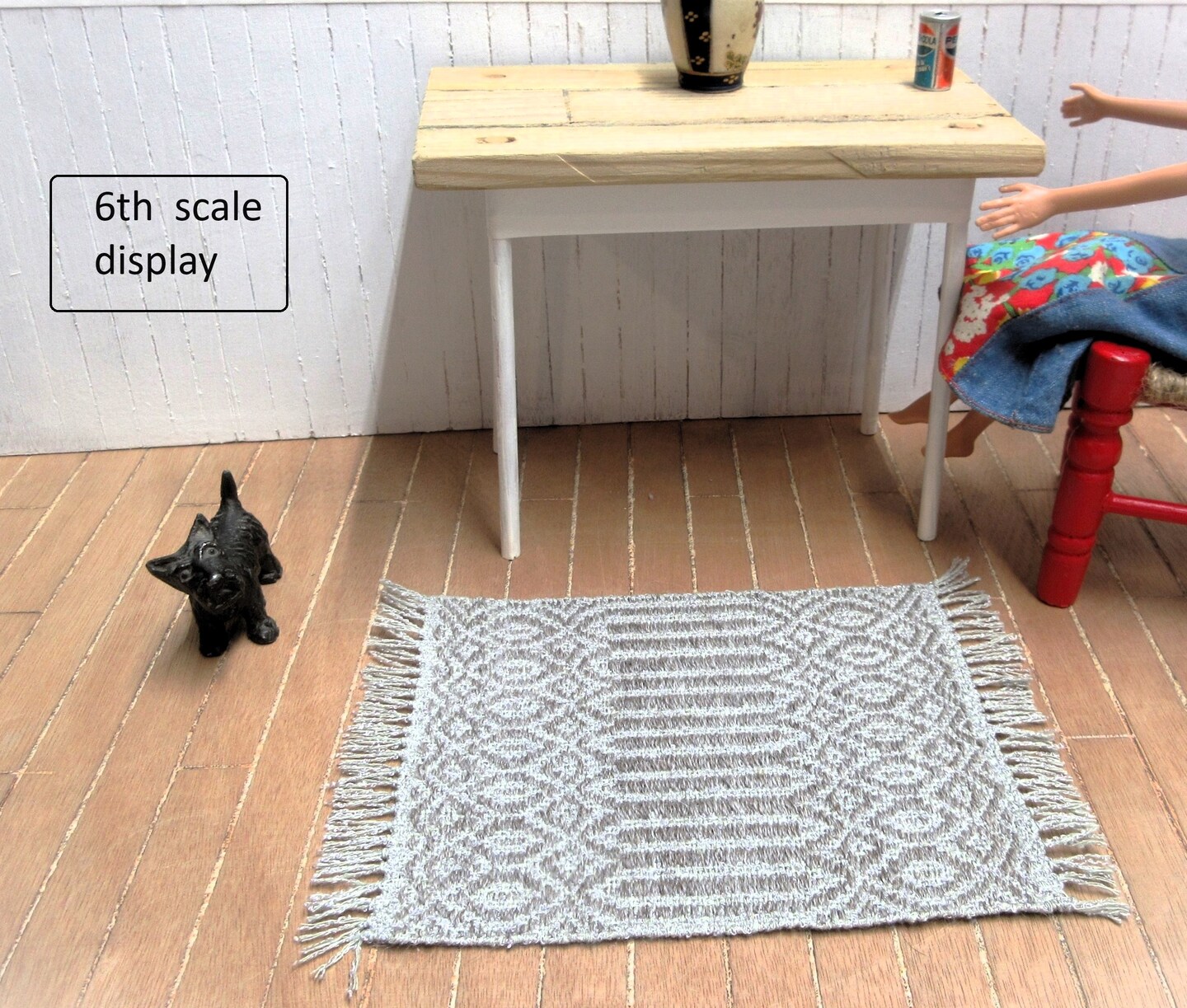 Handwoven heirloom miniature dollhouse rug, alter mat or table mat, woven in a Rosepath twill pattern. Alpaca wool, cotton silk. 8" by 5"
