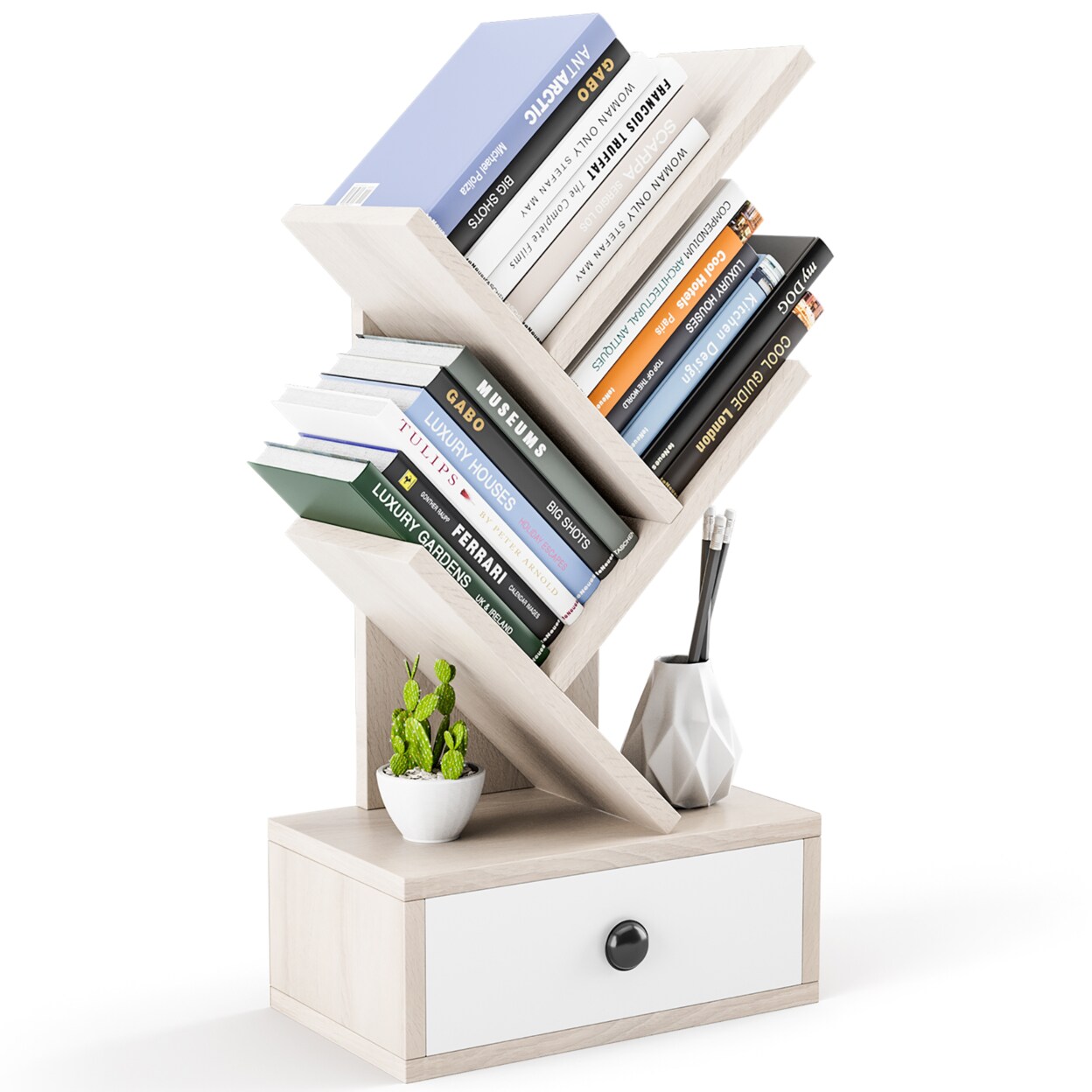 Gymax 5-Tier Tree Bookshelf w/ Wooden Drawer Display Storage Organizer Rack
