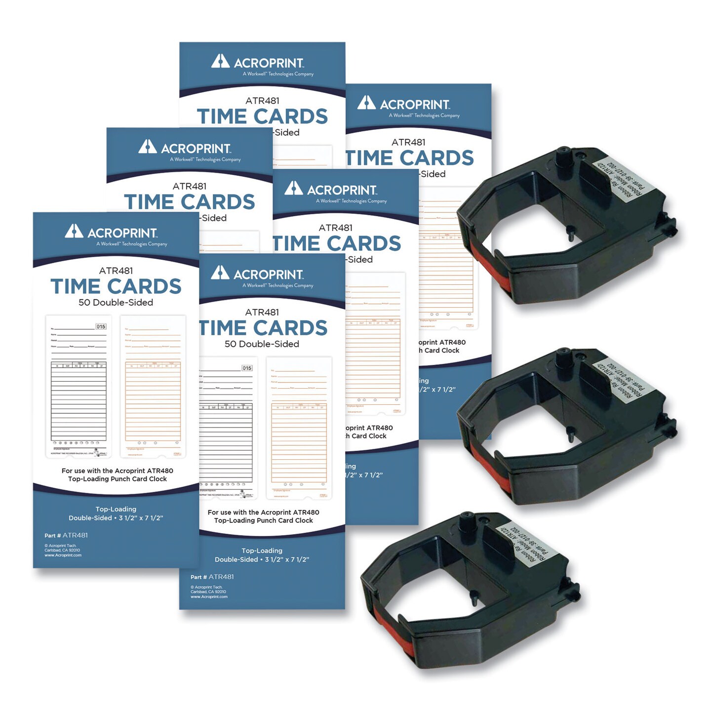 Acroprint Time Recorder TXP300 Accessory Bundle, 3.5 x 7.5, Bi-Weekly/Weekly, Two-Sided, 300 Cards and 3 Ribbons/Kit