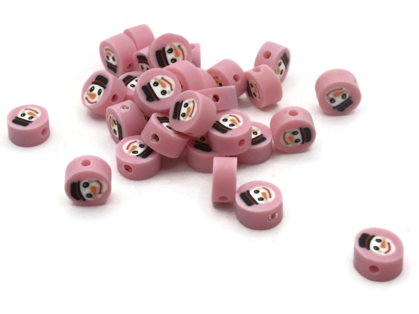 30 Polymer Clay Snowman Pink and White Winter Christmas Beads
