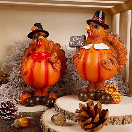 Standing Turkey Couple Thanksgiving Decorations, 2 Pack Resin Turkeys Give Thanks Autumn Fall Tabletop Decor Figurine Decorative Centerpieces Harvest Home Ornament