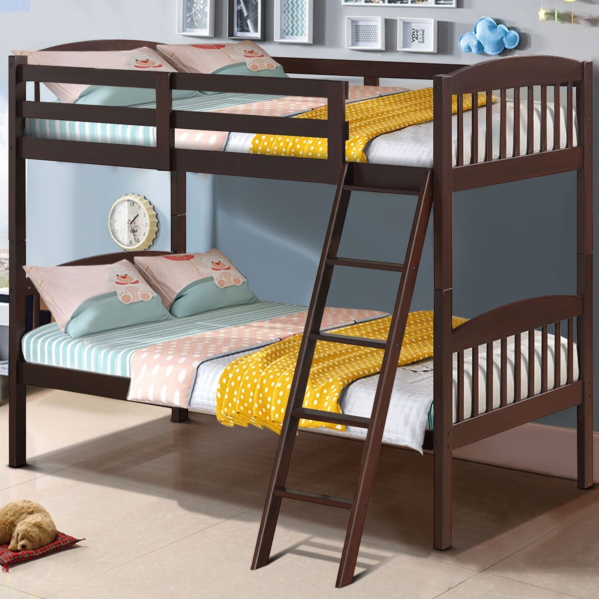 Wood Bunk Bed Twin with Inclined Ladder, Convertible, Safe and Space-Saving