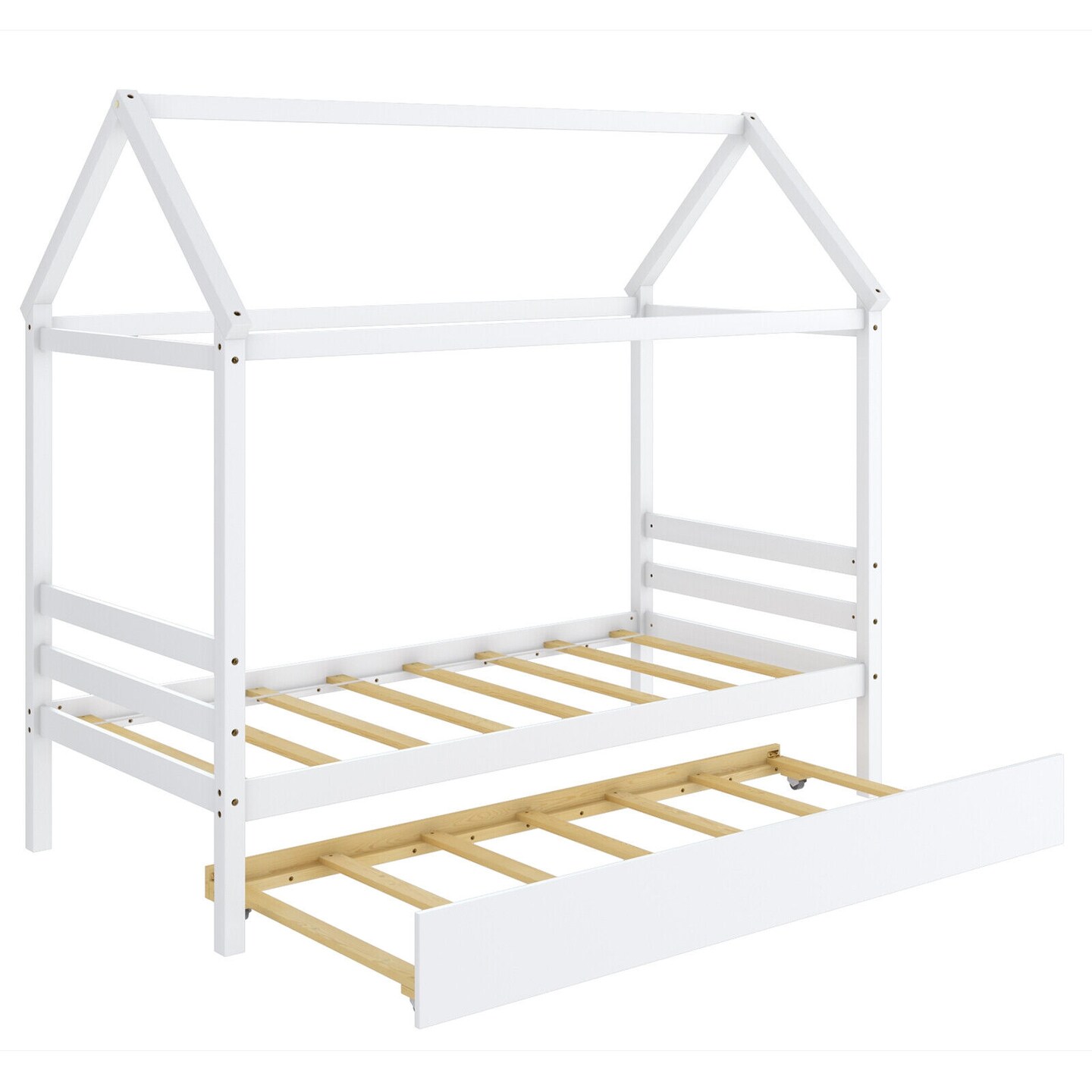 Wood Twin House Platform Bed Frame with Trundle, Sturdy
