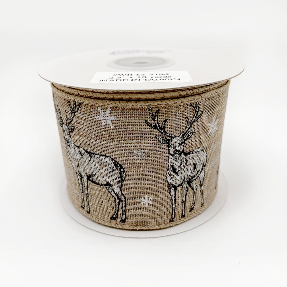 Designer&#x27;s Shop Holiday Reindeer and snow flake wired ribbon, WR 63-5144, 2.5&#x201D; x 10 yard