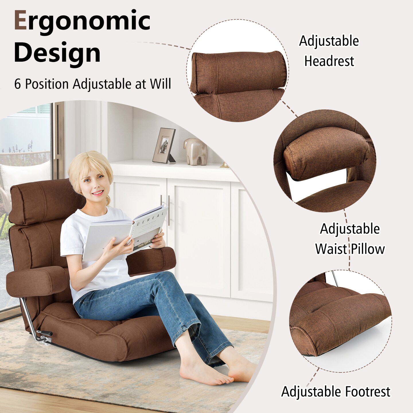 Foldable Floor Sofa Chair with 6-Position Adjustable Headrest and Metal Frame