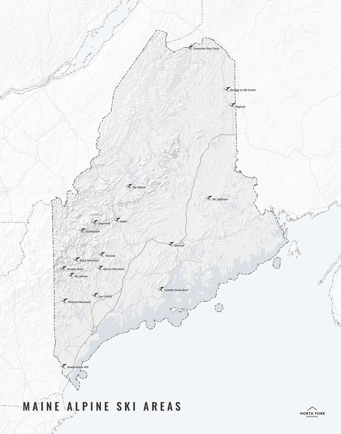 Maine Ski Map - Sugarloaf, Sunday River, Titcomb, Saddleback, Shawnee, Spruce, Baker, Big Squaw, Camden, Lost Valley, Mt. Abram, Pleasant