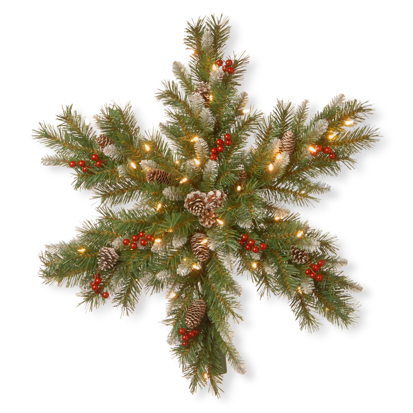 National Tree Company Pre-Lit Artificial Christmas Hanging Snowflake,  Green, Frosted Berry Pine, Decorated with Pine Cones, Berry Clusters,  Frosted Branches, Christmas Collection, 32 Inches