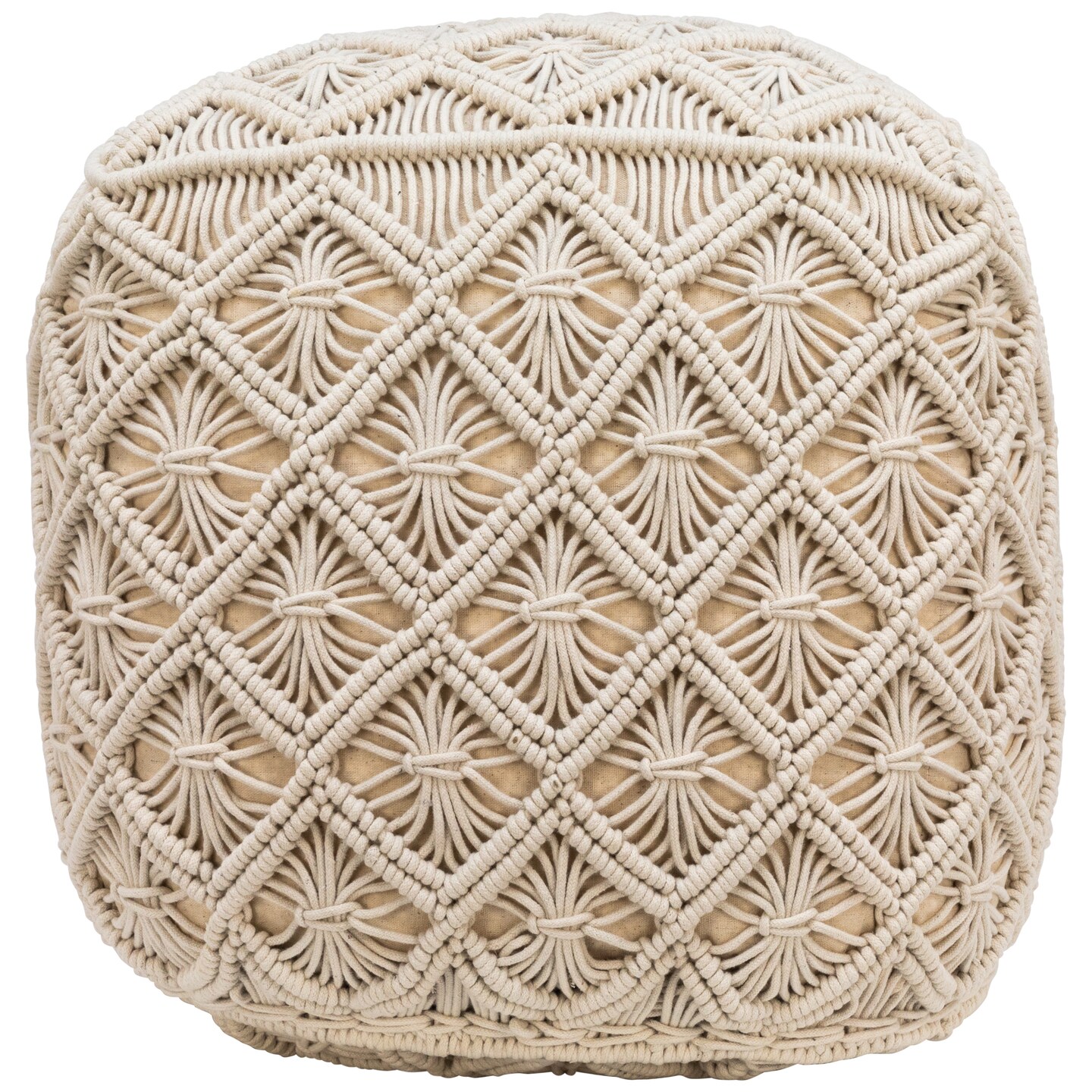 Northlight 18&#x22; Beige Handmade Macram&#xE9; Natural Cotton Square Pouf Ottoman