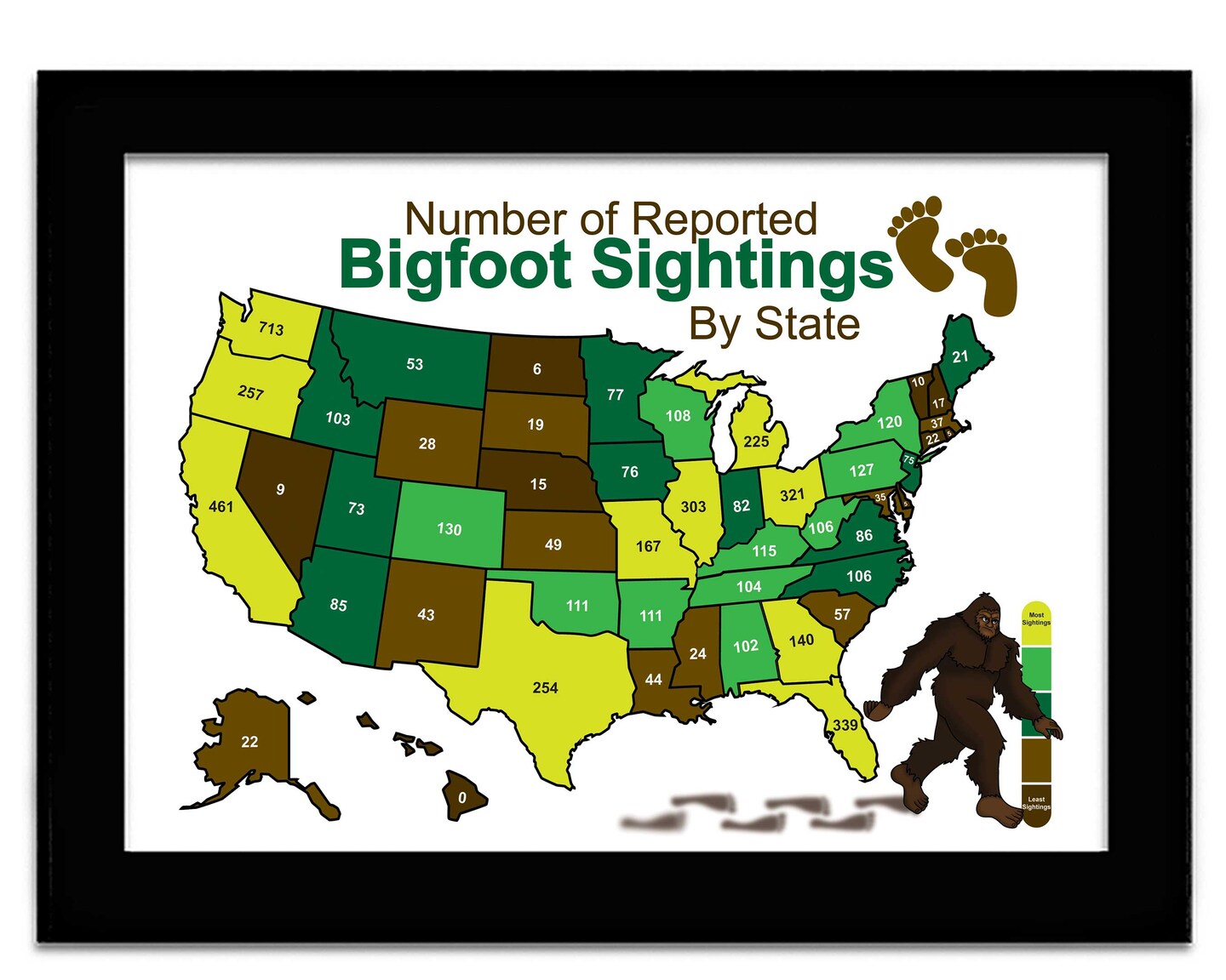 Bigfoot Sighting Map Sasquatch Art Print United States Cryptid Map 