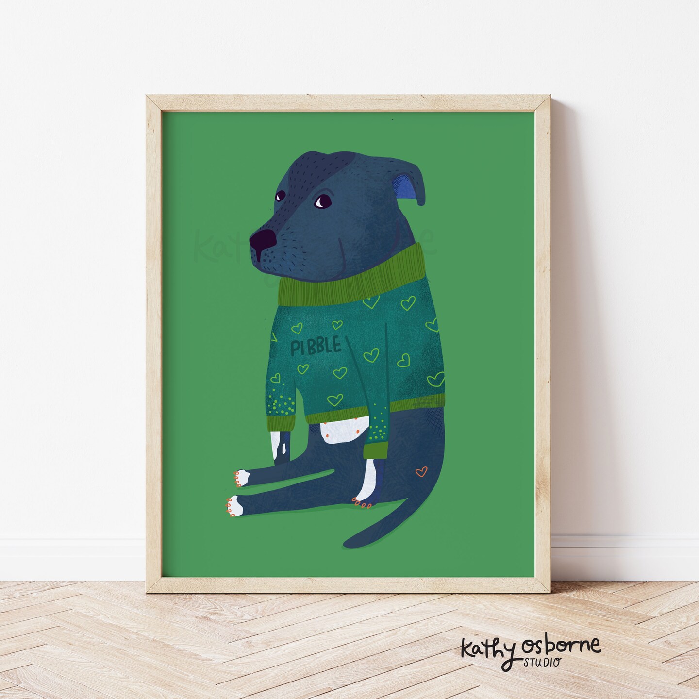 Cute Art Print: Pitbull in a Pibble Green Sweater
