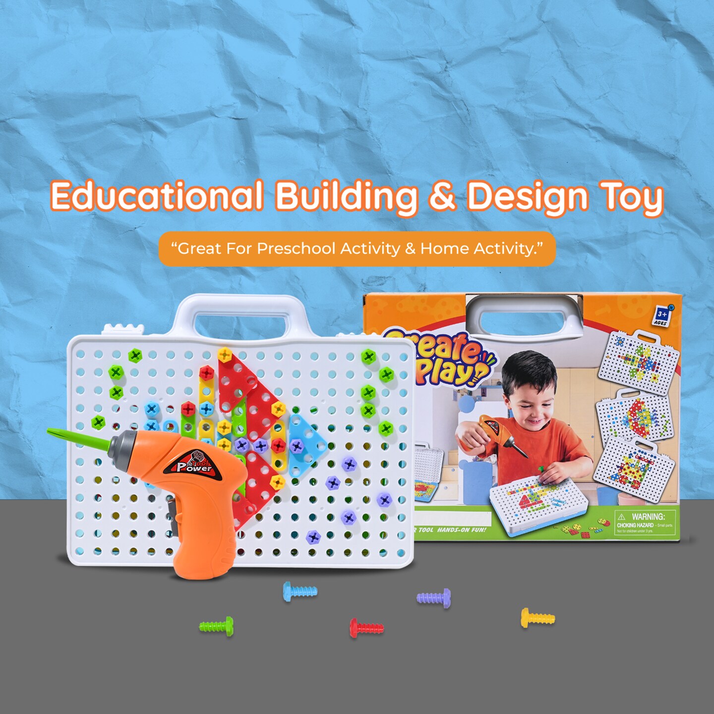 Drill &#x26; Play Creative Educational Toy with Real Toy Drill - Mosaic Design Building Toys Tool Kit