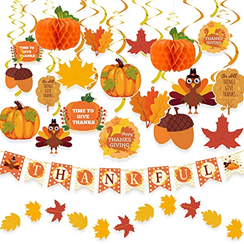 Thanksgiving Decorations 40 PCS, Pre-Assembled Thanksgiving Banner, Hanging Swirls, Fall Leaves Garland and Honeycomb Pumpkins for Thanksgiving Decor, Fall decor, Thanksgiving Decorations for Home