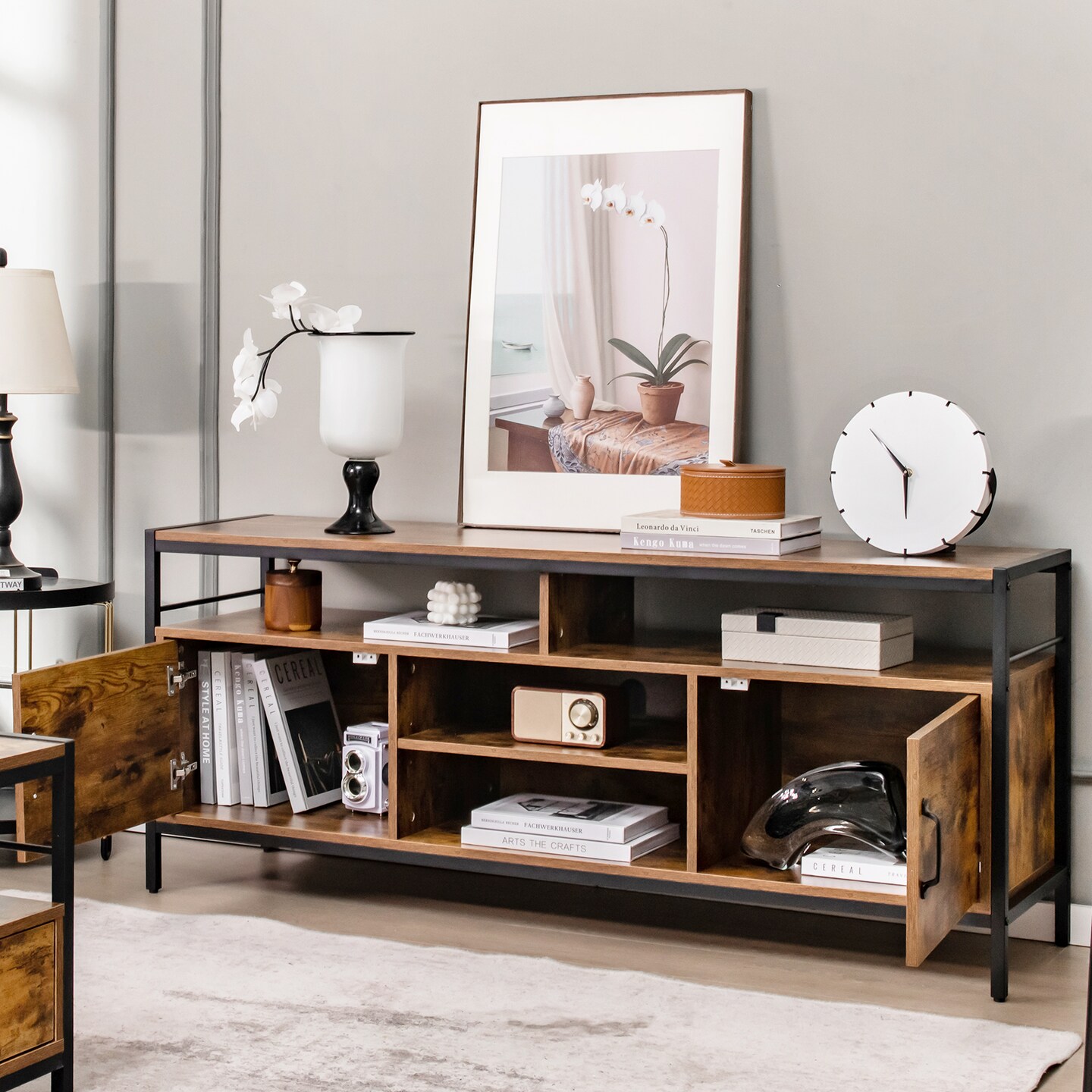 Industrial TV Stand with Cabinets and Adjustable Shelf for TVs -Rustic  Brown