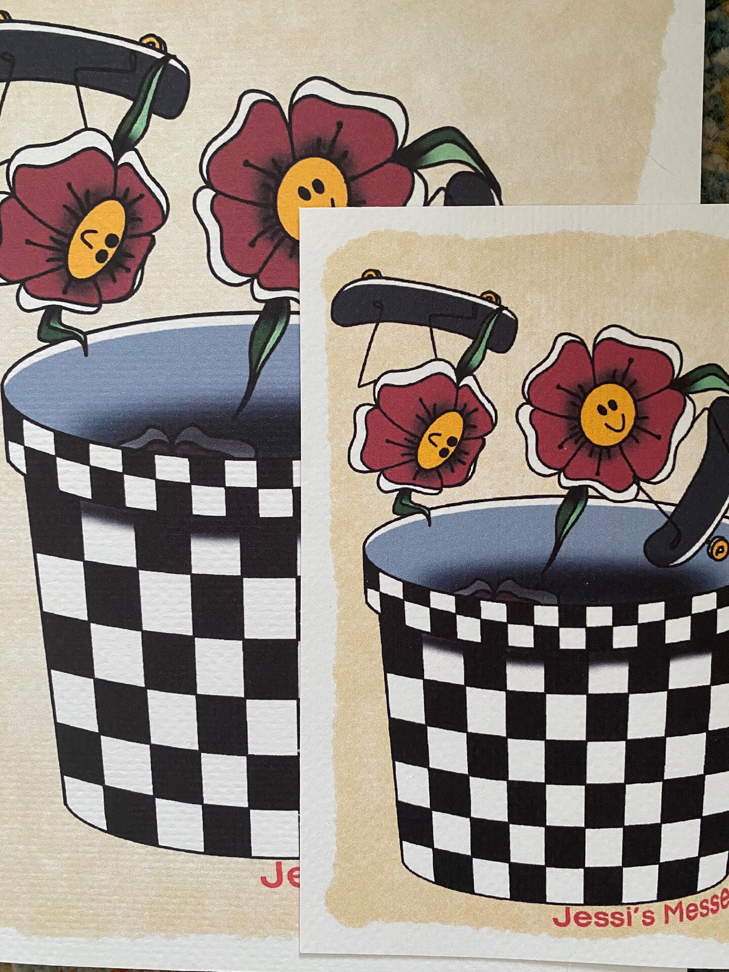 Skateboard art print, skateboarding flowers, checkerboard
