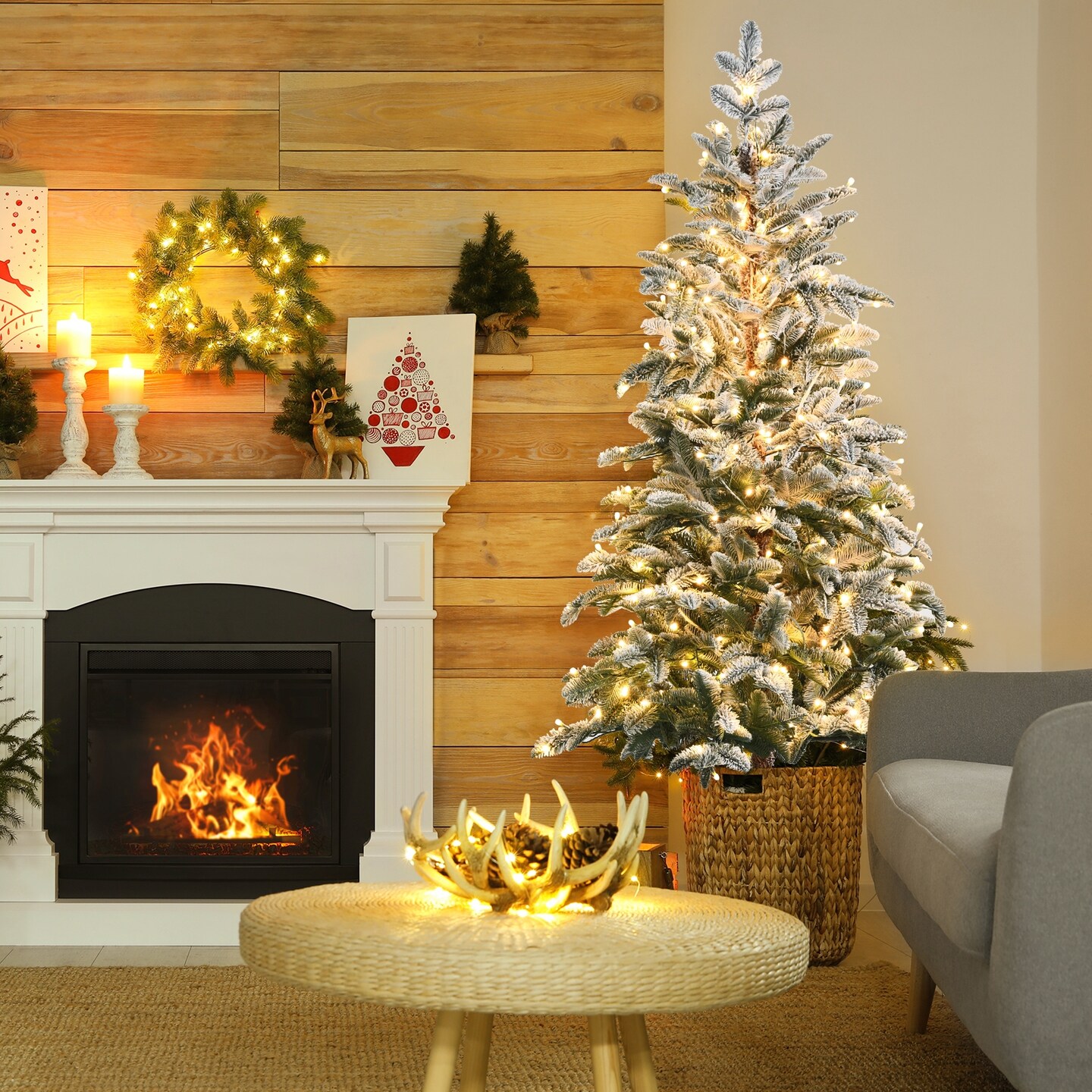 Artificial Snow Flocked Pencil Christmas Tree with Warm White LED Lights