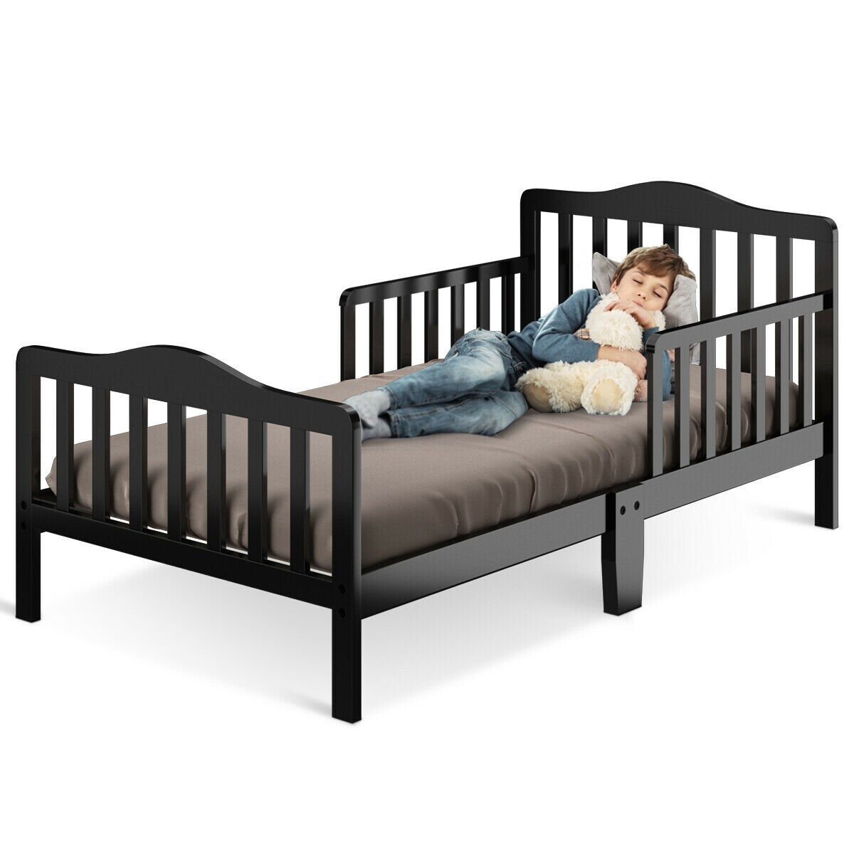 Classic Design Kids Wood Bed Frame with Two Side Safety Guardrails