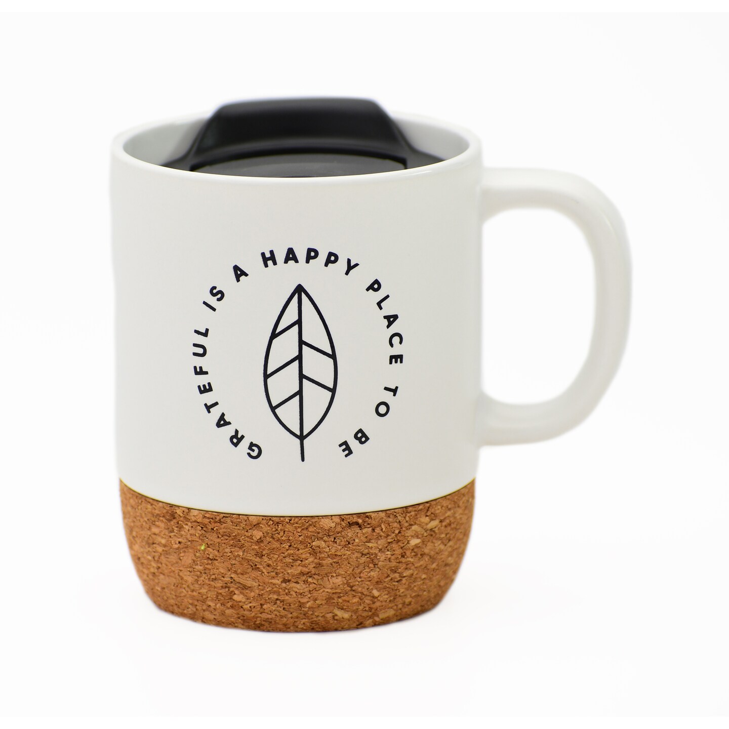 Dexsa Grateful Is A Happy Place Designer Cork Bottom Mug with Lid - 14 oz
