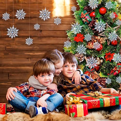 46Pcs Plastic Snowflake Ornament Christmas Glitter Snowflake Hanging Christmas Tree Decorations with Silver Rope for Winter Decorations Tree Window Door Accessories (Iridescent)