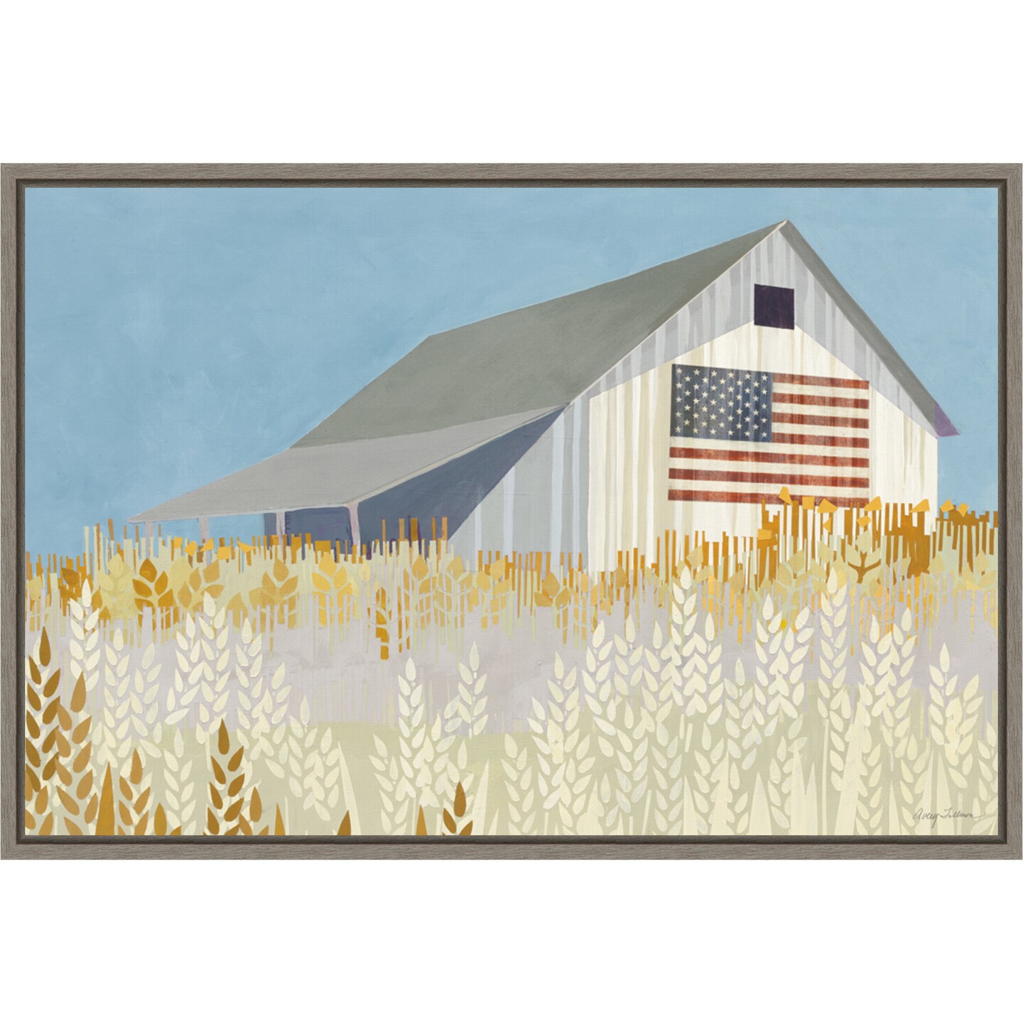 Wheat Fields Barn with American Flag by Avery Tillmon Canvas Art Framed