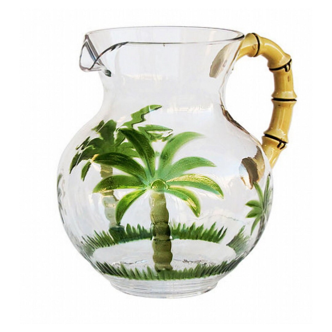 3 Quarts Designer Classic Palm Tree Acrylic Pitcher with Bamboo Handle - Crystal Clear and Break Resistant
