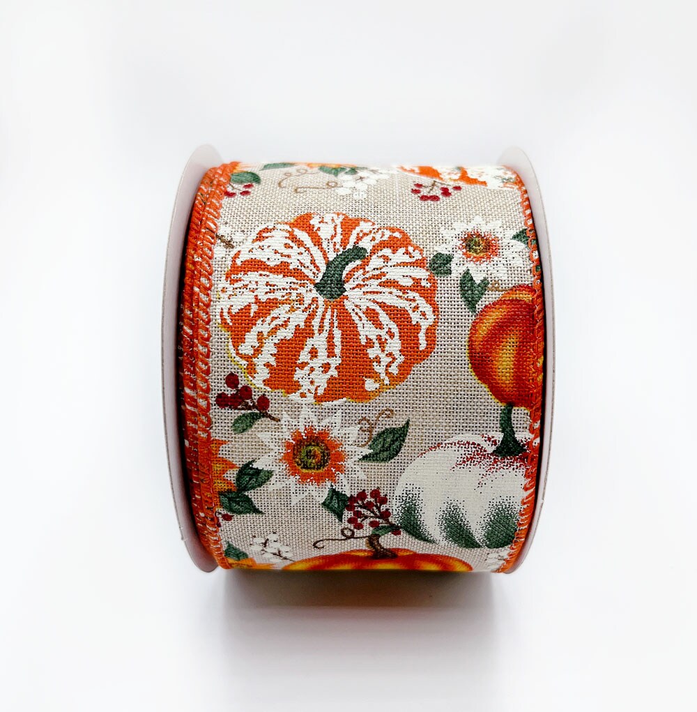 Designer&#x27;s Shop Holiday Autumn Pumpkins wired edge ribbon, WR 63-5130