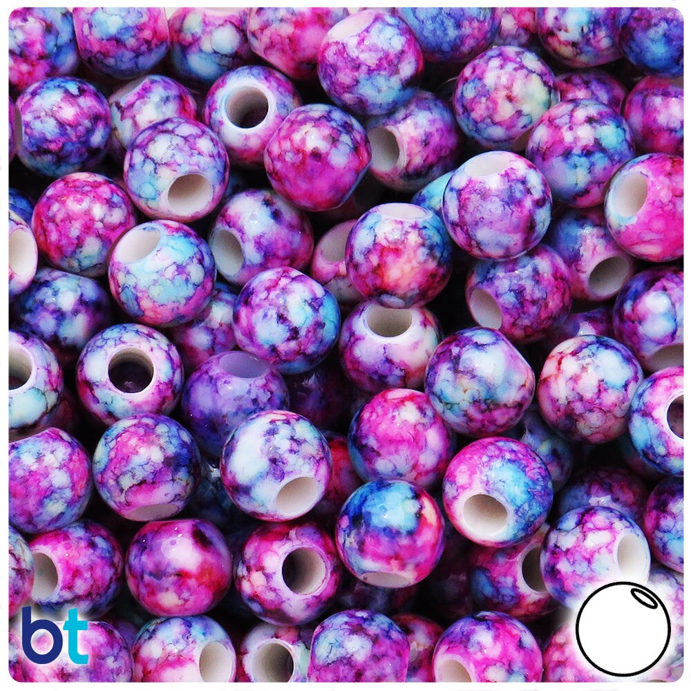 BeadTin Purple Marbled 12mm Round Large Hole Plastic Pony Beads (75pcs)