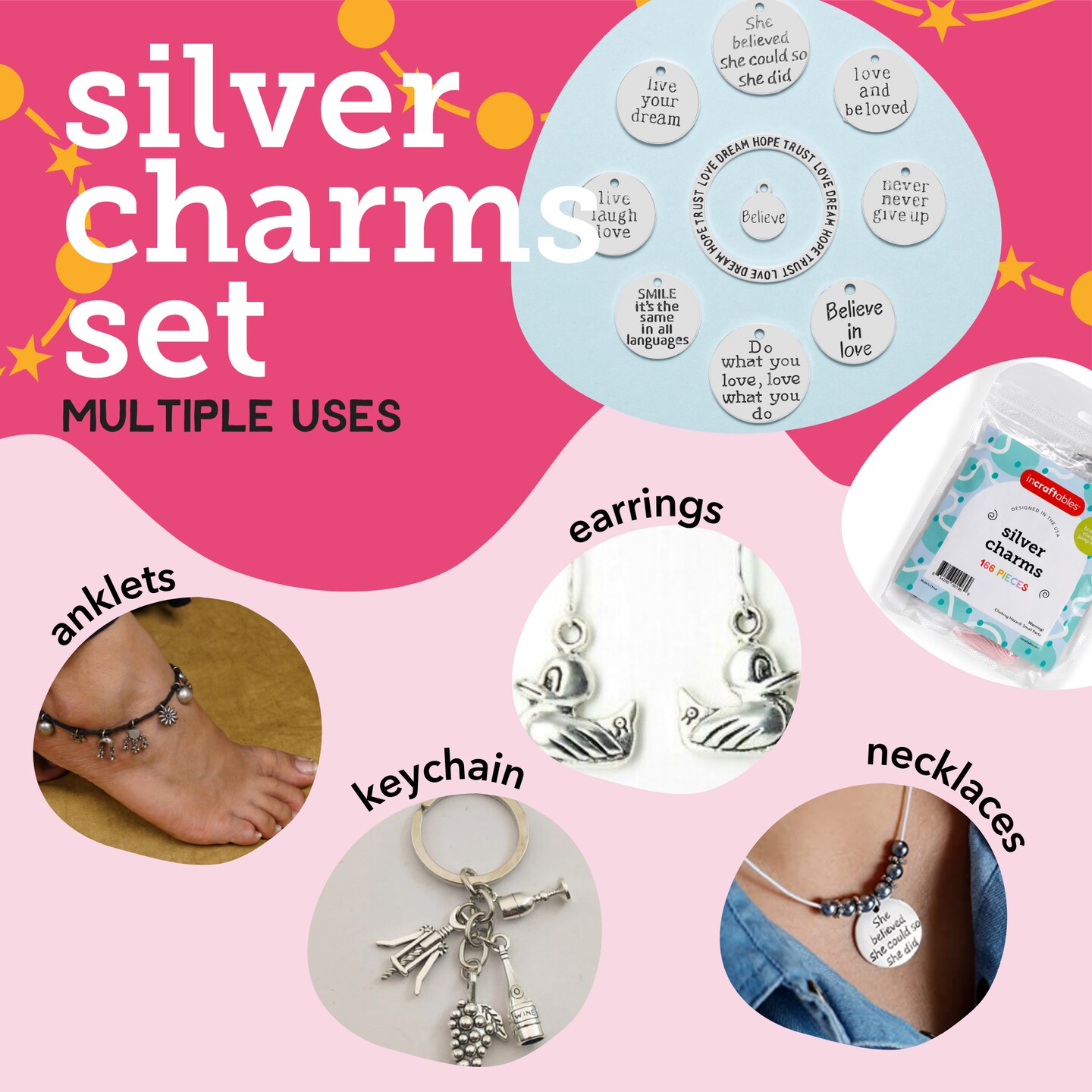 Incraftables 166pcs Silver Charms Set for Jewelry Making. Bulk DIY Necklace, Bracelet, Bangle &#x26; Keychain Making Kit w/ 120pcs Antique Charms (Small &#x26; Large), 20pcs Word Charms &#x26; 26pcs A-Z Letter Charm