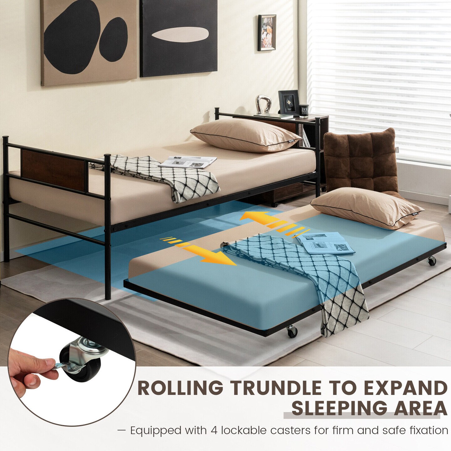 Black Twin Daybed Frame with Pullout Trundle, Space-Saving Design