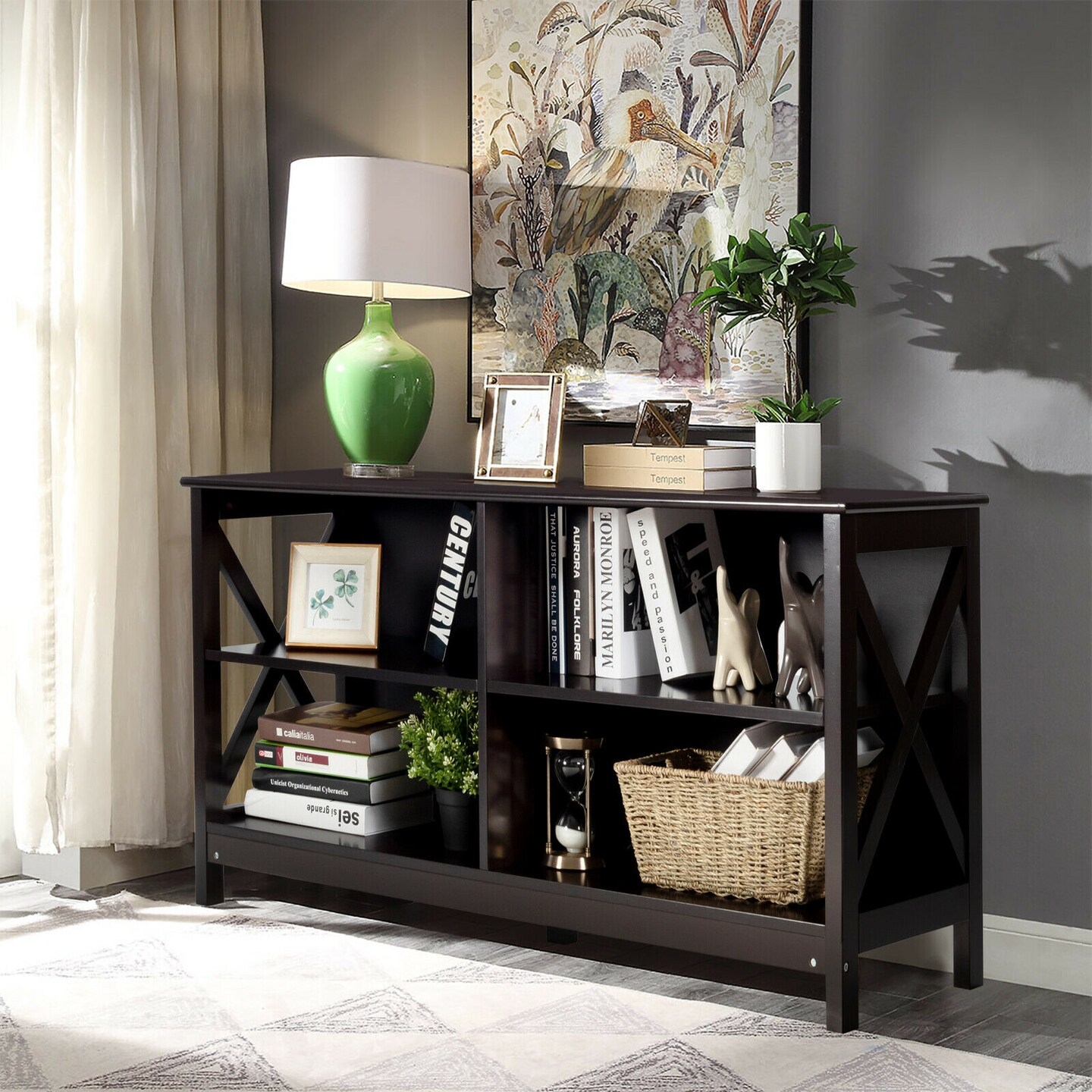 MDF TV Stand with 4 Cable Management Holes and Sturdy X-Shaped Support