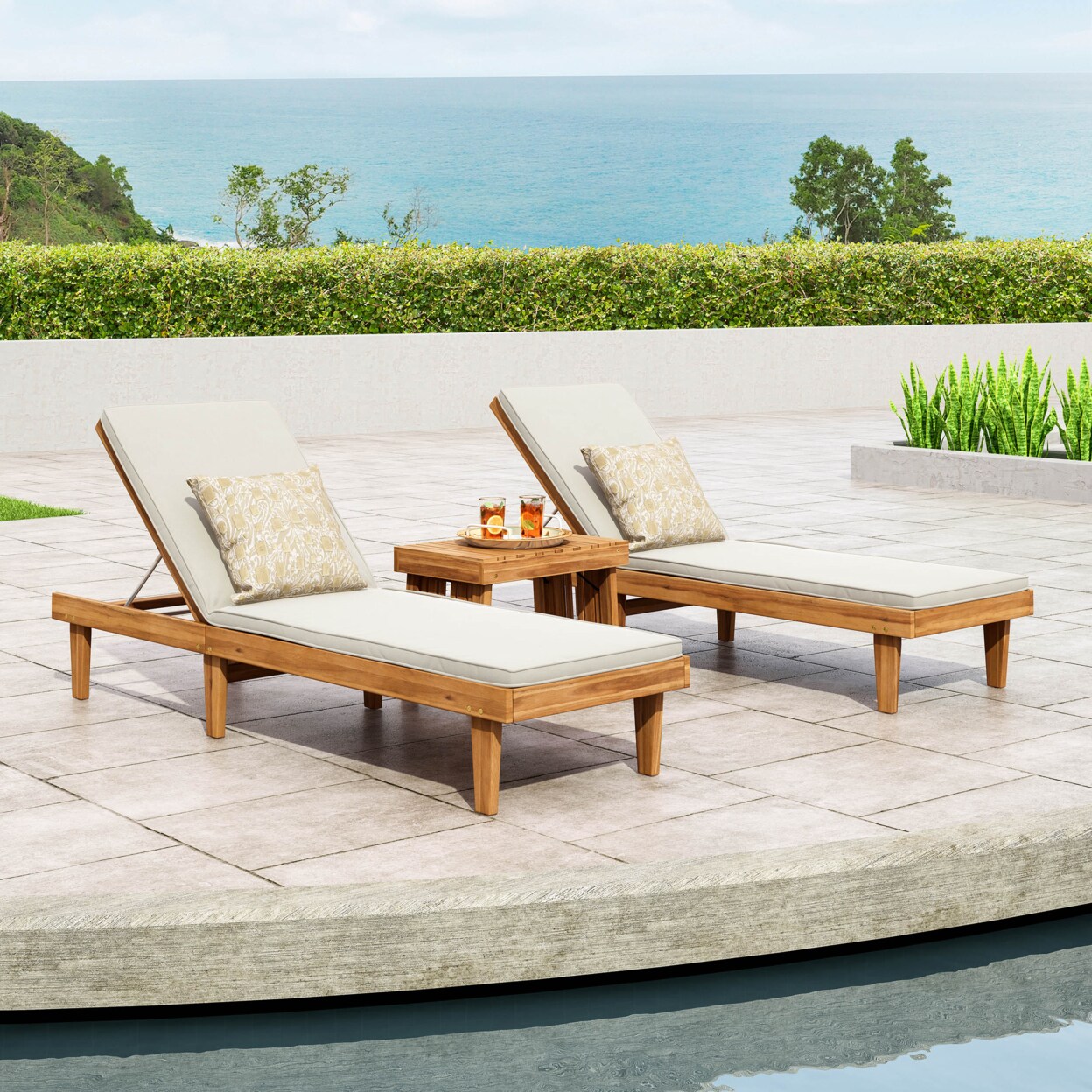 GDFStudio Addisyn Outdoor Acacia Wood 3 Piece Chaise Lounge Set with ...