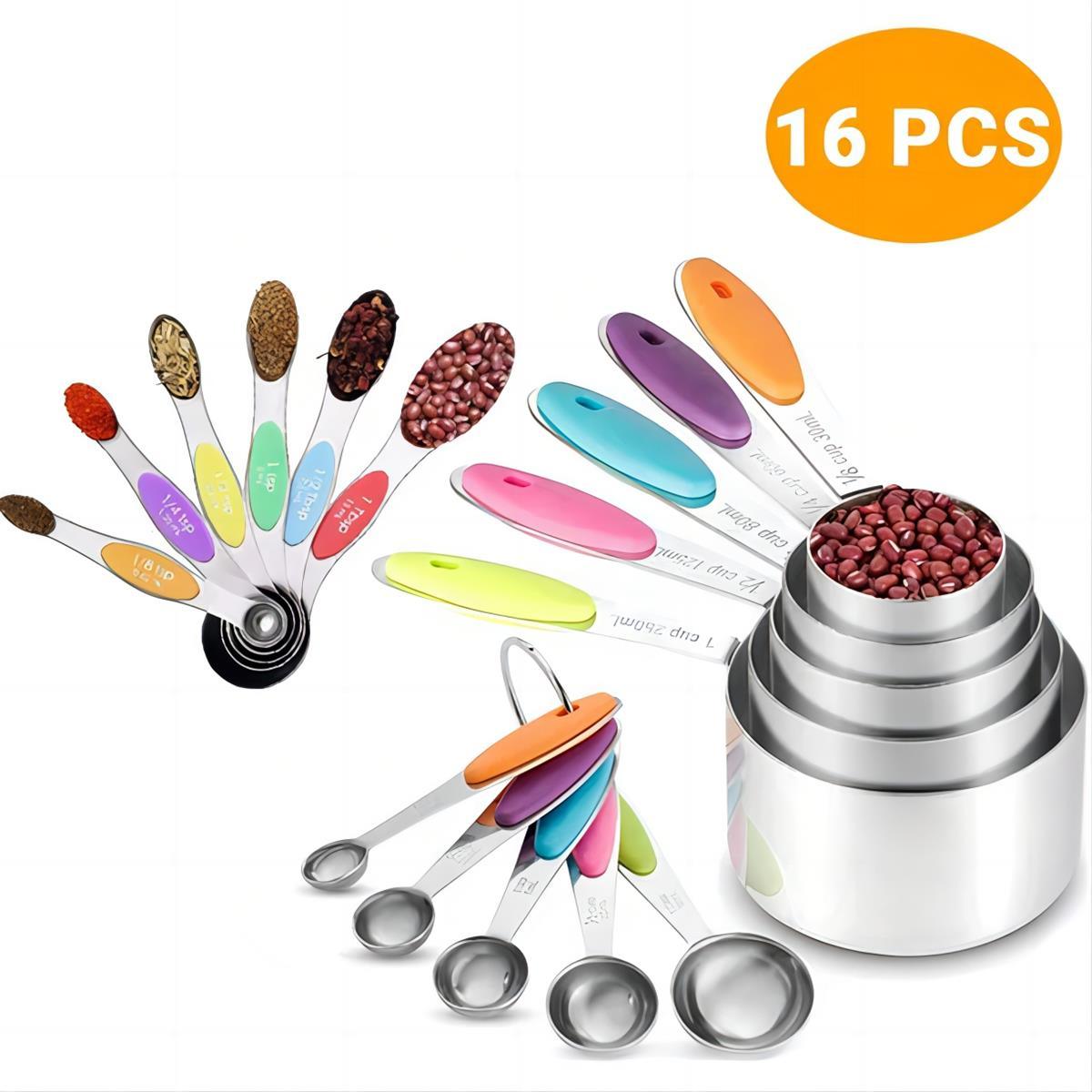 16 Pcs Stainless Steel Measuring Cups and Spoons Set for Cooking & Baking
