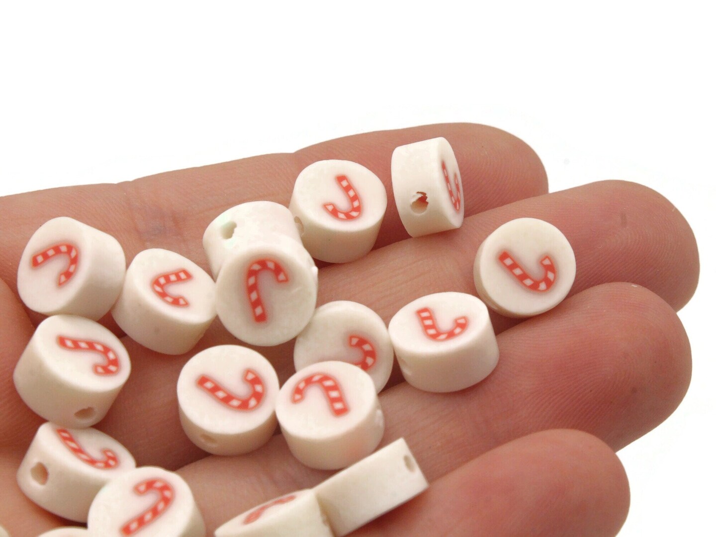 30 Candy Cane Polymer Clay White and Red Christmas Beads bD2
