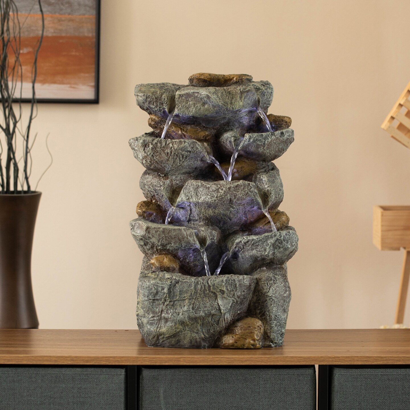 Cascading Electric Powered 8-Tier Rock Water Fountain 18.5" with LED Lights for Indoor and Outdoor Use