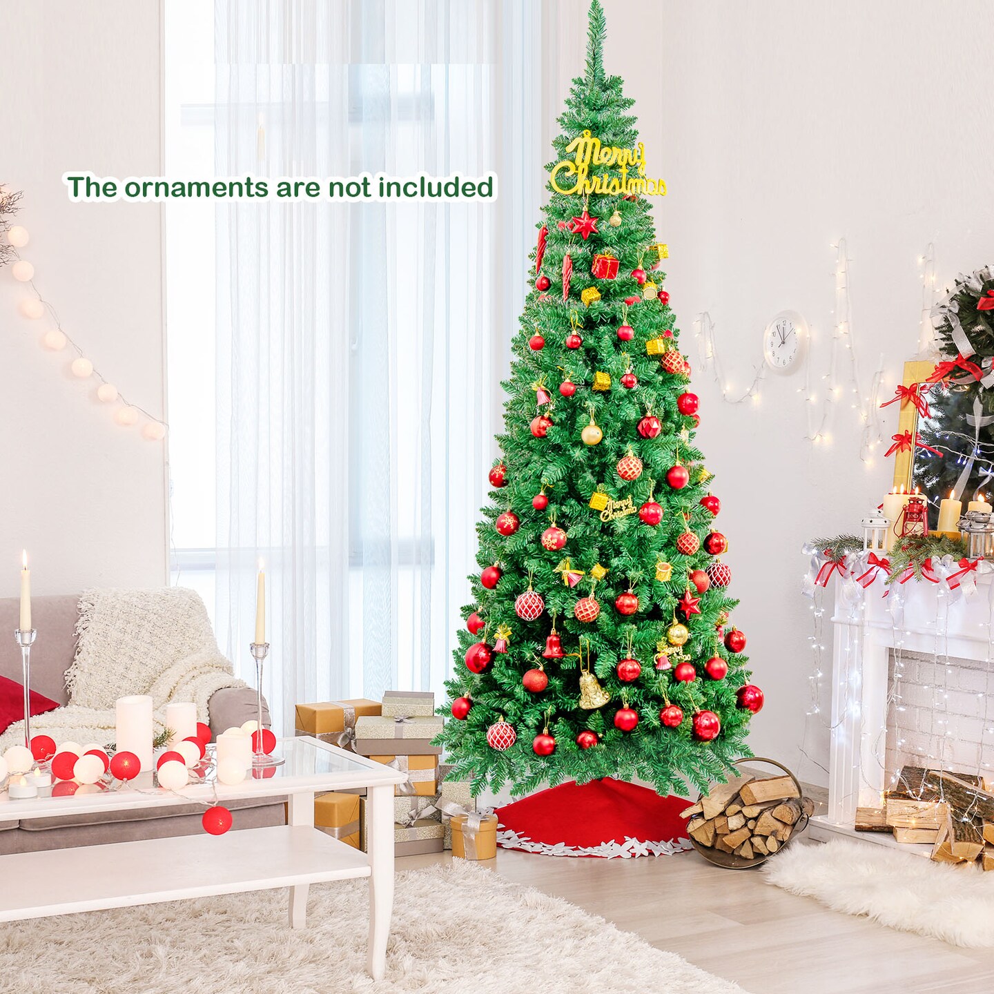 Pre-Lit Premium Hinged Artificial Fir Pencil Christmas Tree with LED Lights