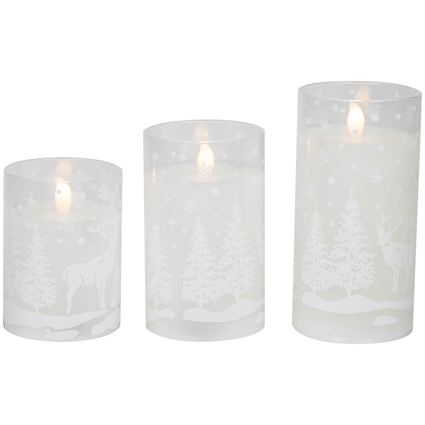 Northlight Set of 3 Snowy Woodland Flameless LED Flickering Glass Christmas Pillar Candles 6&#x22;