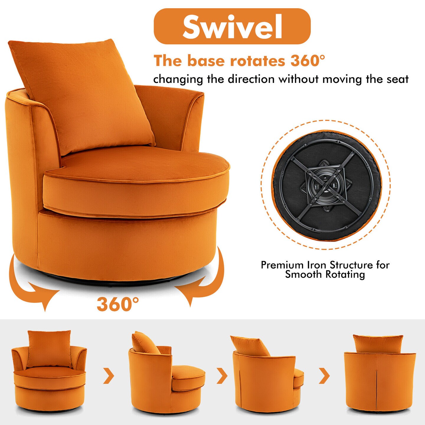 Modern 360&#xB0; Swivel Barrel Chair with No Assembly Needed-Orange