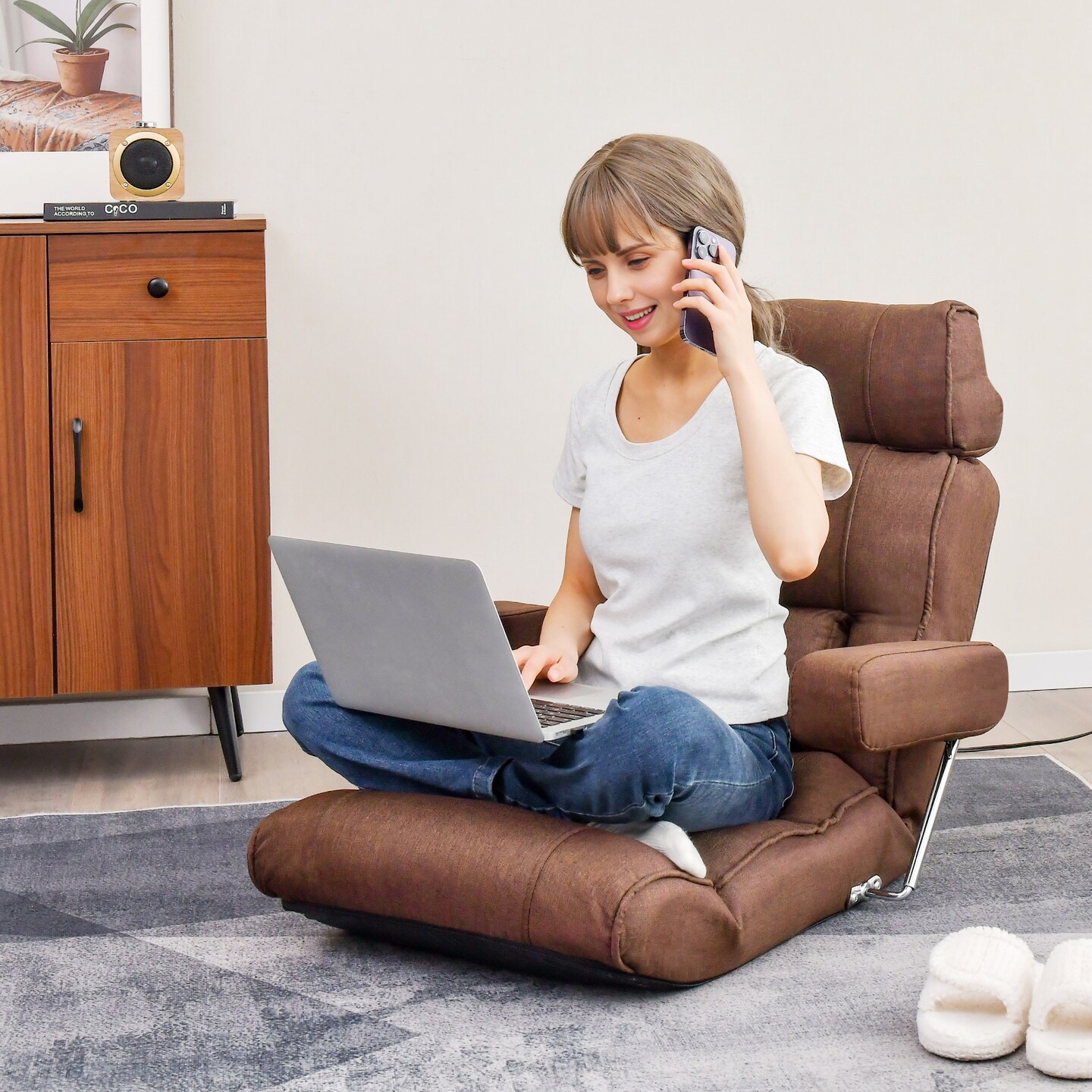 Foldable Floor Sofa Chair with 6-Position Adjustable Headrest and Metal Frame