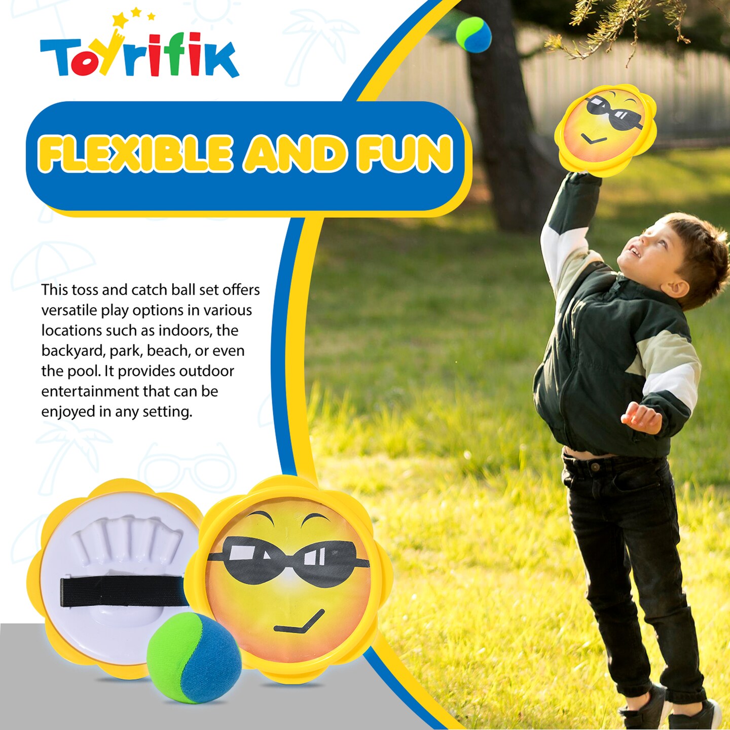 Toyrifik Toss &#x26; Catch Ball Game Set - Kids and Family Outdoor Sports Toys for Camping, Beach, Summer Party- Includes 2 Paddle Discs and 1 Soft Catch Ball