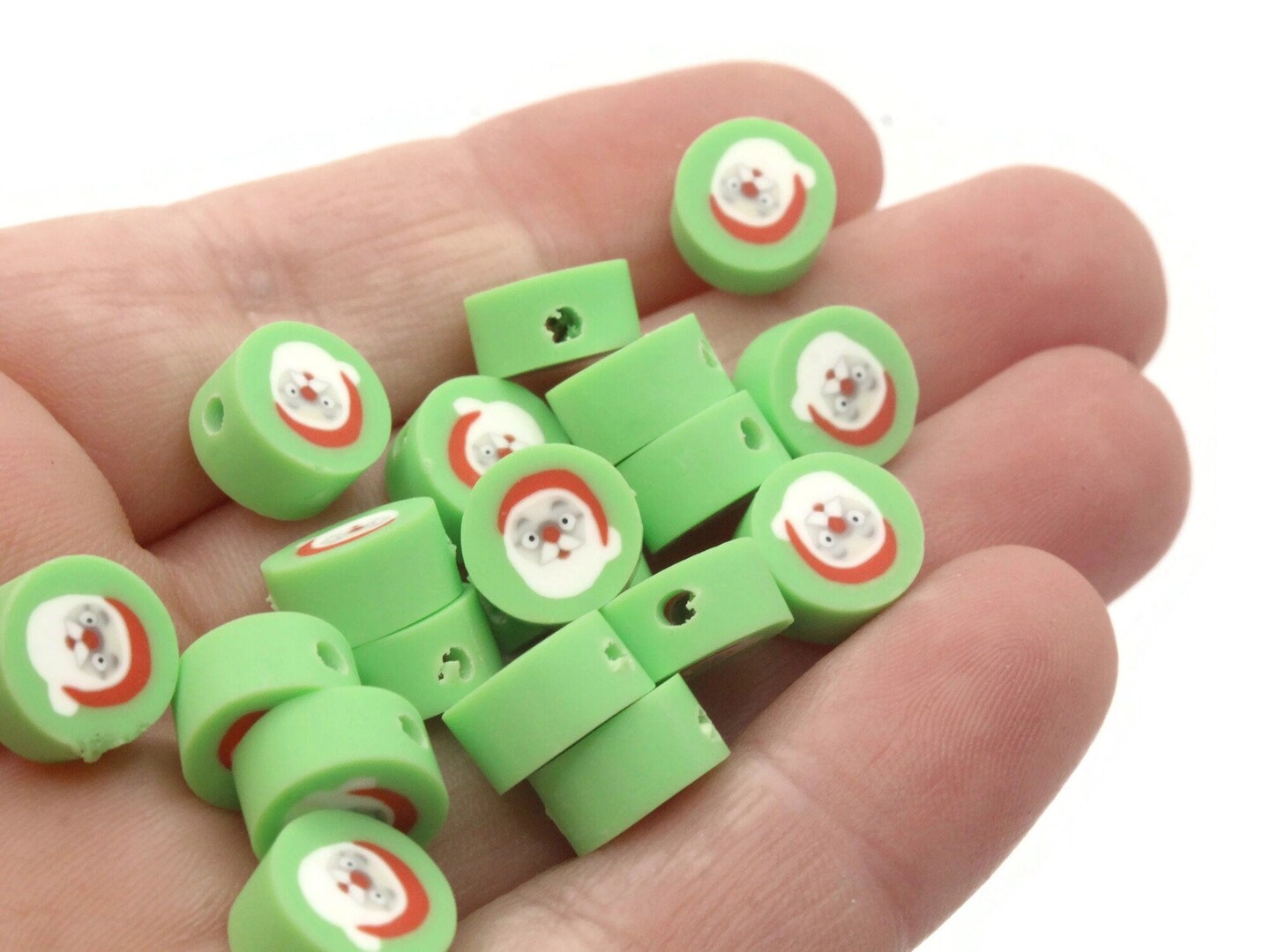 30 Santa Claus Polymer Clay Green Red and White Christmas Beads