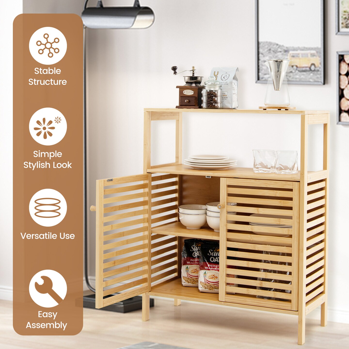 Natural Freestanding Wicker Bathroom Storage Cabinet with Louvered Doors