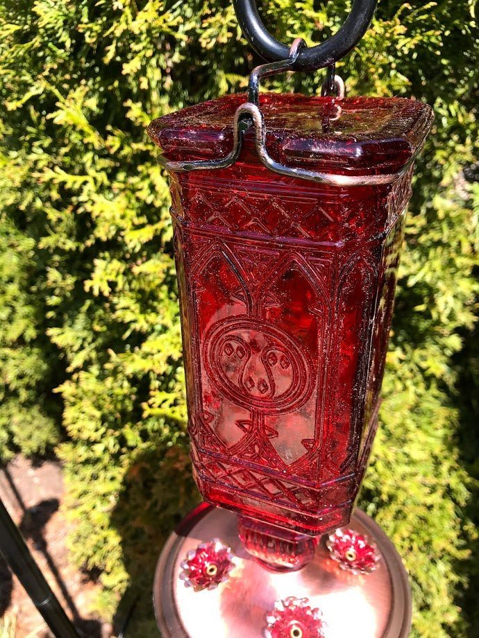 Hummingbird Feeder Vintage Inspired Red Glass SQUARE