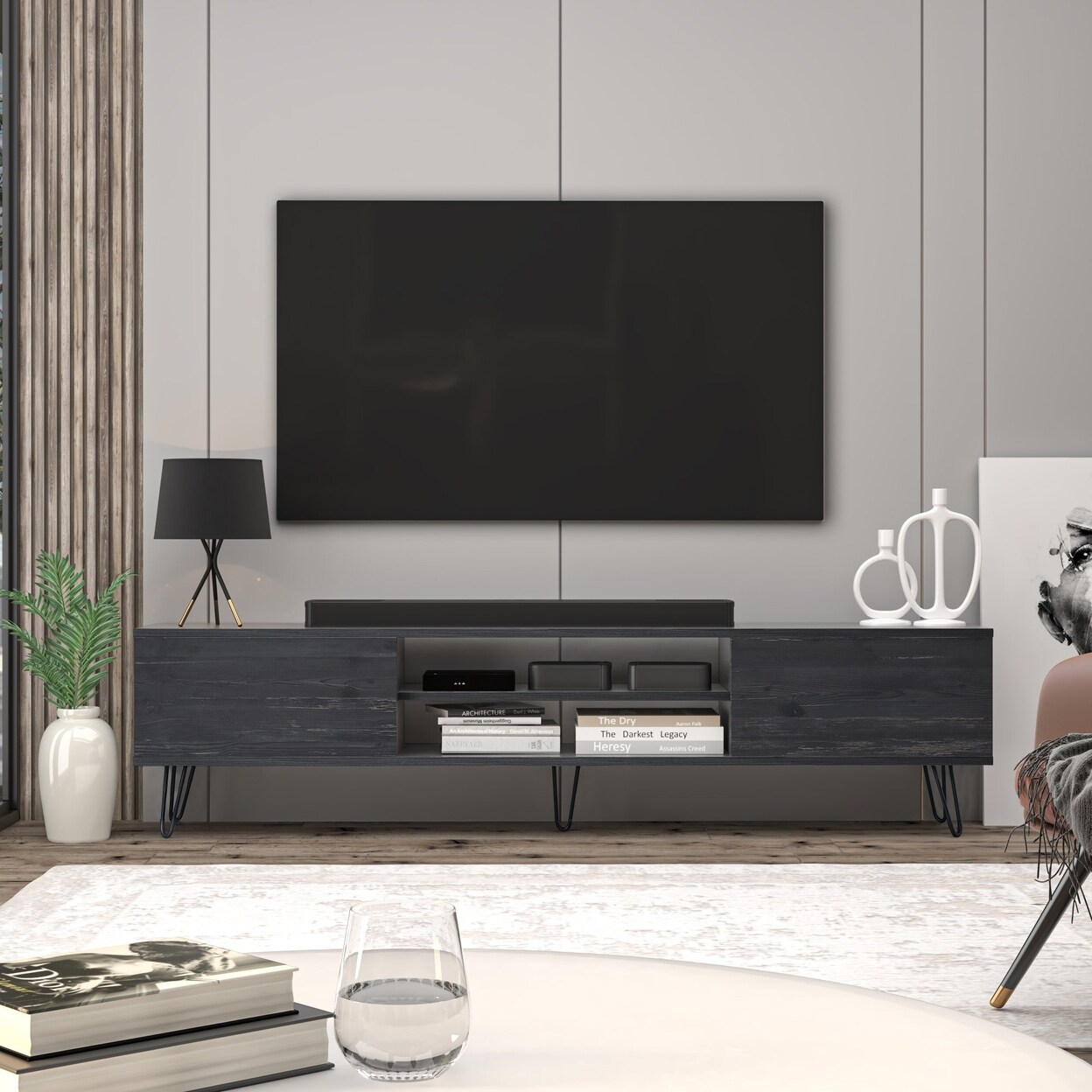 Atelier Mobili Entertainment Center - Black TV Stand for 70 inch and 75 inch TVs, Mid Century Modern Living Room Media
