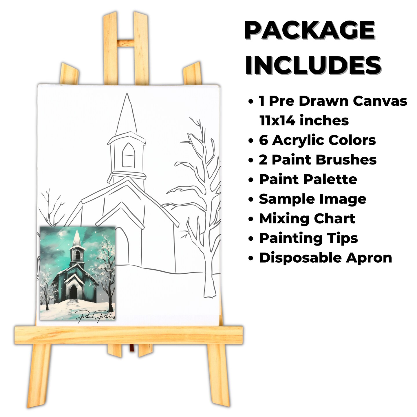 "Winter Church" DIY Canvas Art Kit, Adult Beginner, Acrylic Paint Size 11x14 inch