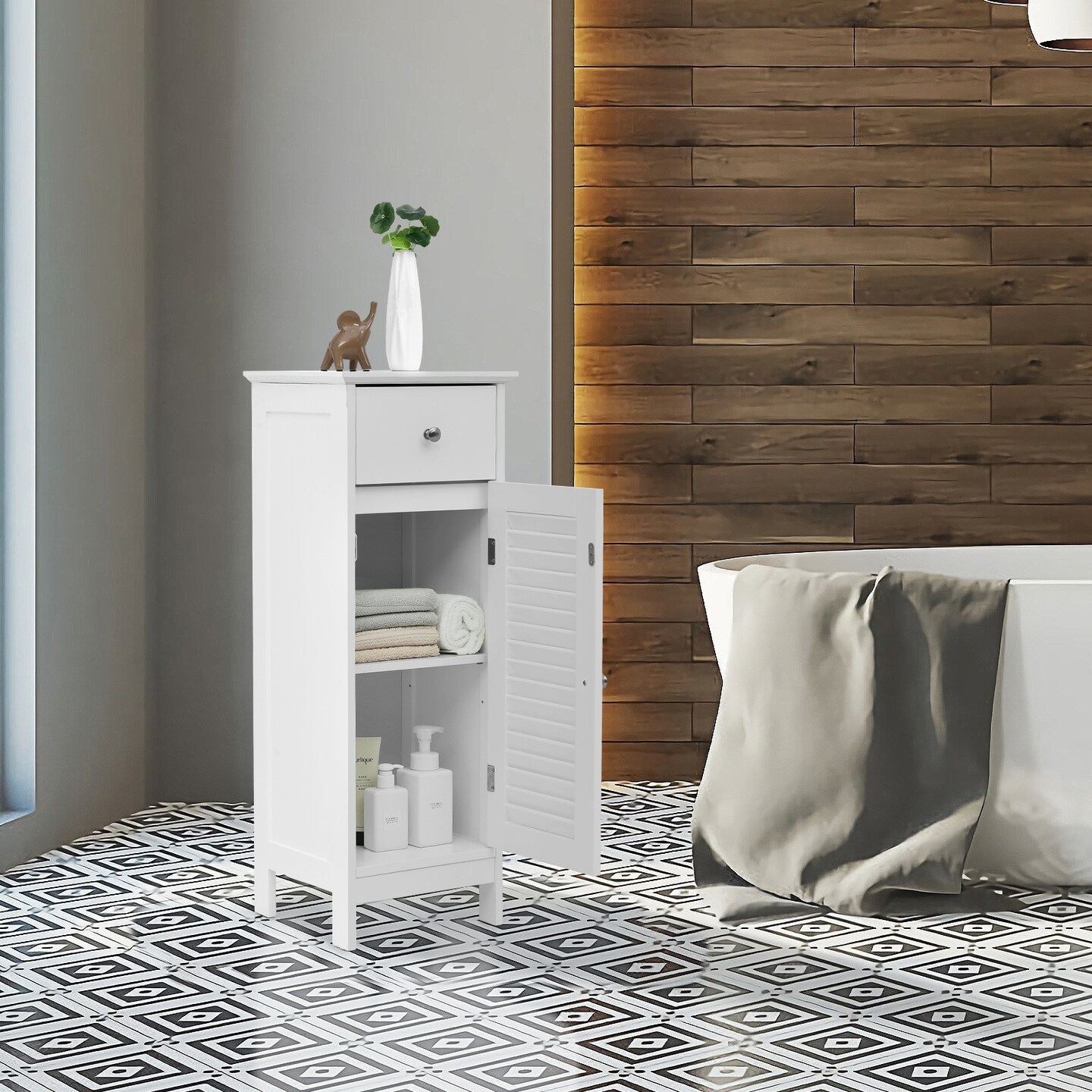MDF Freestanding Bathroom Cabinet with Adjustable Shelf, Drawer and Shutter Door